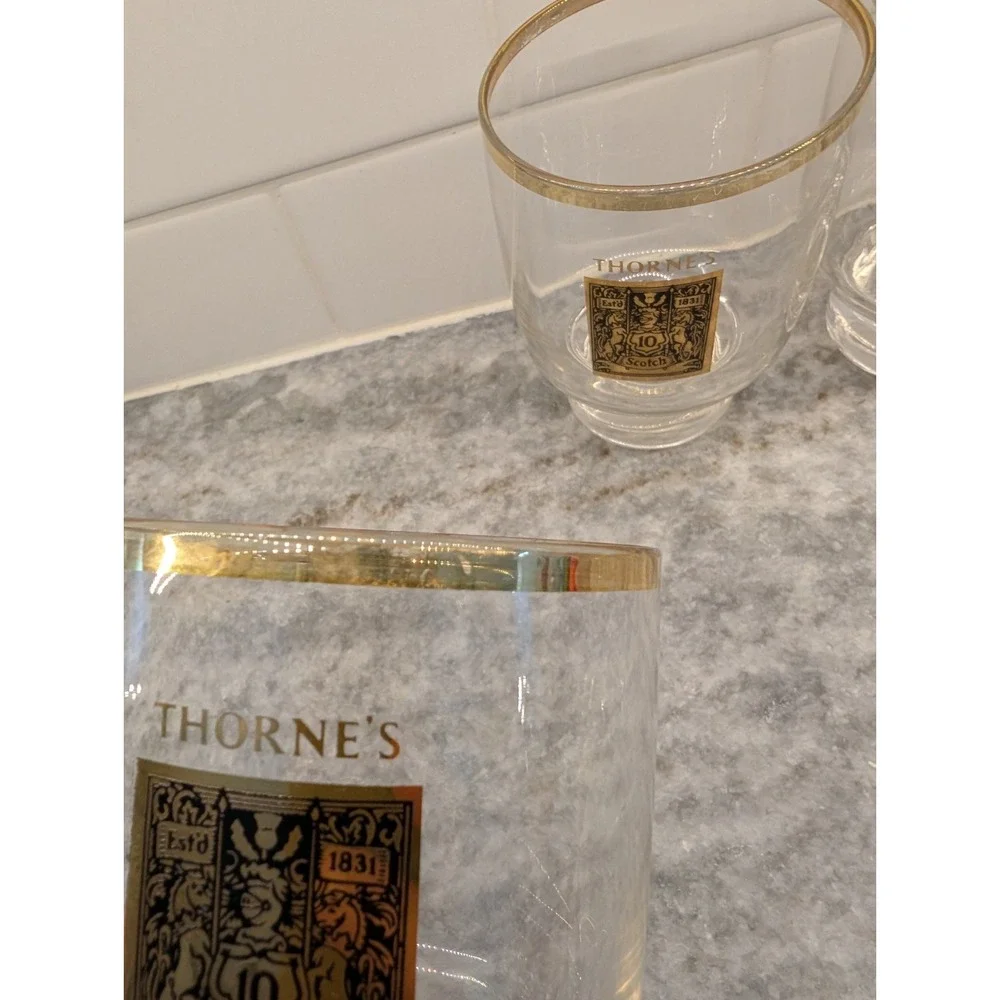 Vintage Thorne's Scotch Whisky Rocks Glasses Gold Rimmed‎ Set Of 4